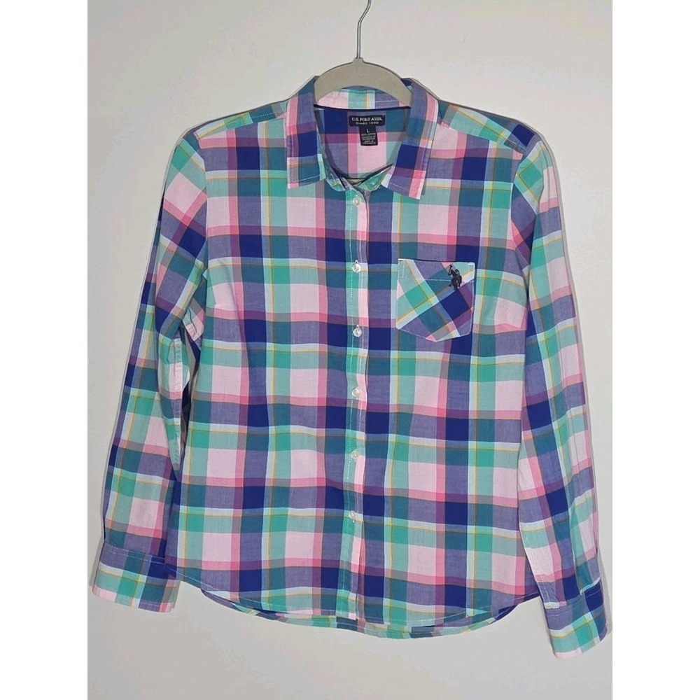 Junior's Large US POLO ASSN Shirt Pastel Plaid 100% Cotton Logo Button Up Summer - Picture 2 of 10